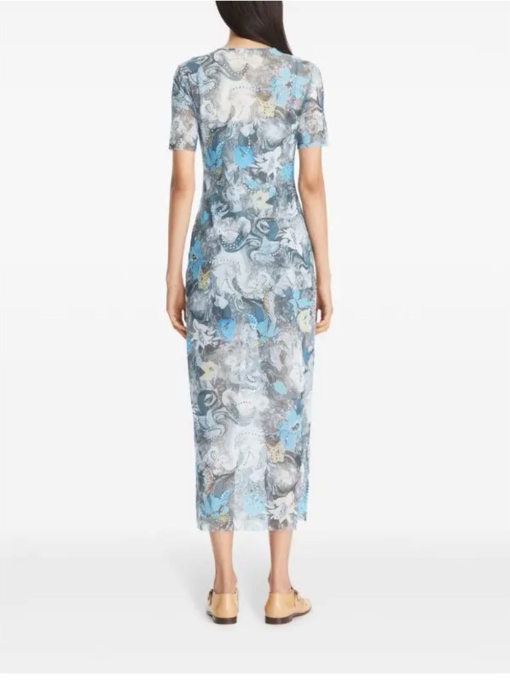 Tory Burch Blue and Gray Mesh Floral-Print Short Sleeve Maxi Dress - Picture 3 of 5